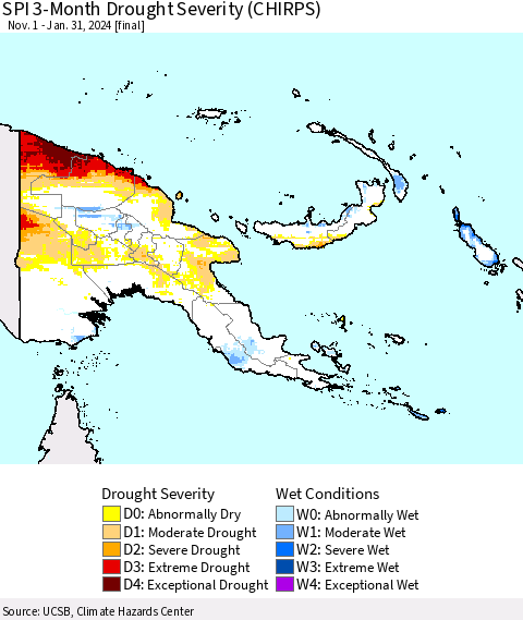 Papua New Guinea SPI 3-Month Drought Severity (CHIRPS) Thematic Map For 11/1/2023 - 1/31/2024