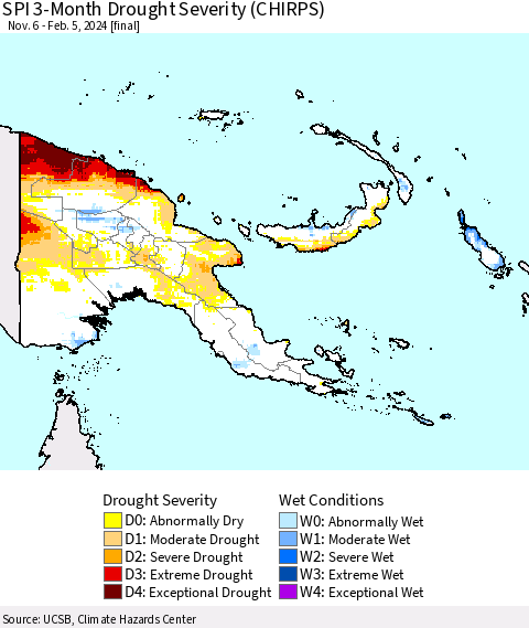 Papua New Guinea SPI 3-Month Drought Severity (CHIRPS) Thematic Map For 11/6/2023 - 2/5/2024