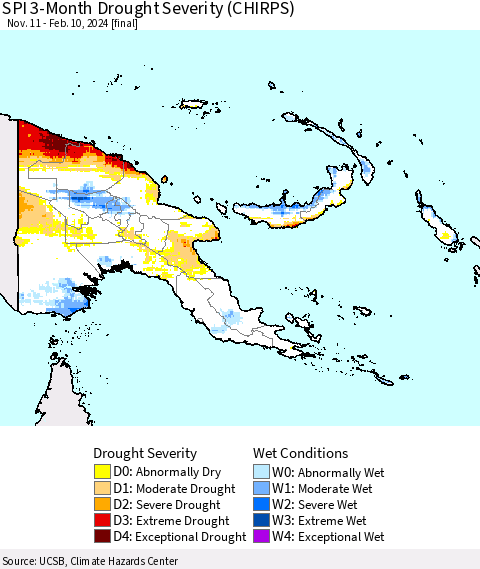 Papua New Guinea SPI 3-Month Drought Severity (CHIRPS) Thematic Map For 11/11/2023 - 2/10/2024