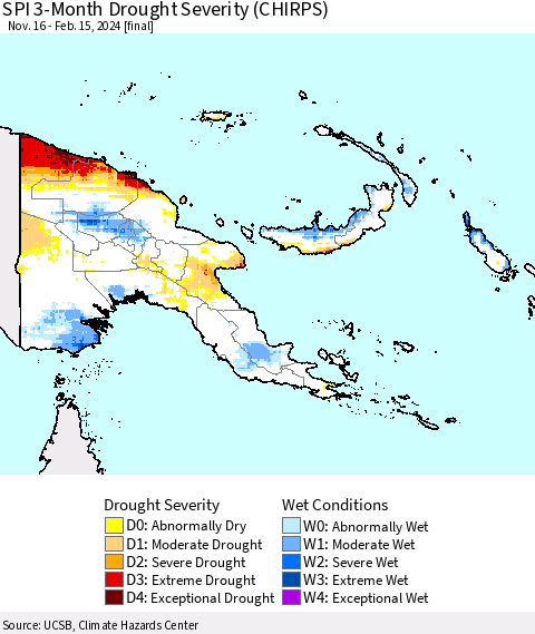 Papua New Guinea SPI 3-Month Drought Severity (CHIRPS) Thematic Map For 11/16/2023 - 2/15/2024