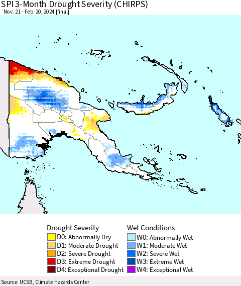 Papua New Guinea SPI 3-Month Drought Severity (CHIRPS) Thematic Map For 11/21/2023 - 2/20/2024