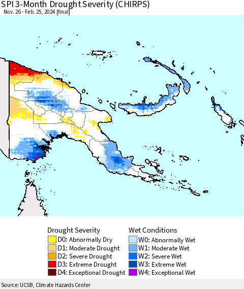 Papua New Guinea SPI 3-Month Drought Severity (CHIRPS) Thematic Map For 11/26/2023 - 2/25/2024