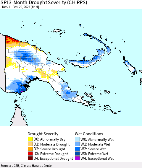 Papua New Guinea SPI 3-Month Drought Severity (CHIRPS) Thematic Map For 12/1/2023 - 2/29/2024