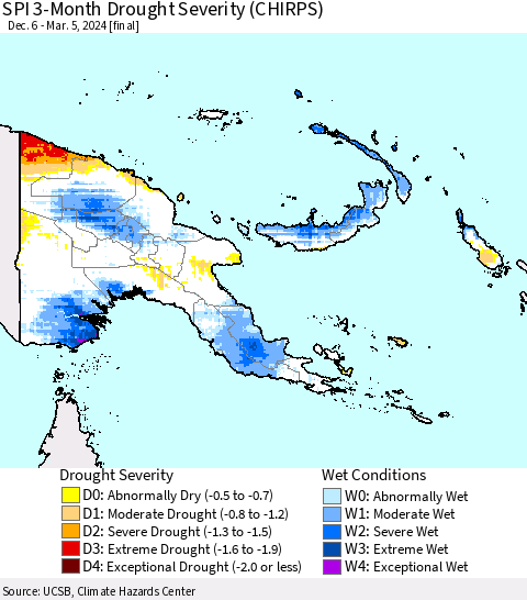 Papua New Guinea SPI 3-Month Drought Severity (CHIRPS) Thematic Map For 12/6/2023 - 3/5/2024