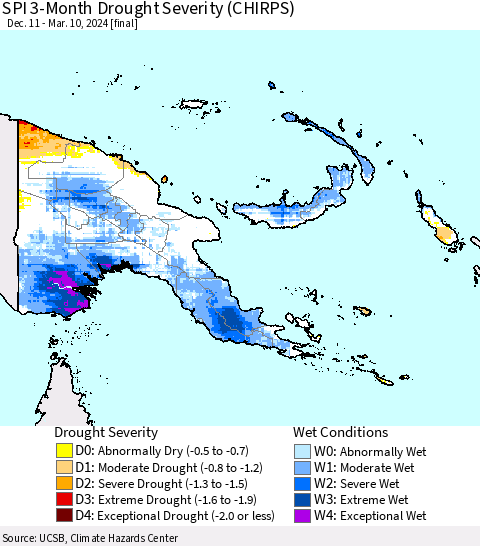Papua New Guinea SPI 3-Month Drought Severity (CHIRPS) Thematic Map For 12/11/2023 - 3/10/2024
