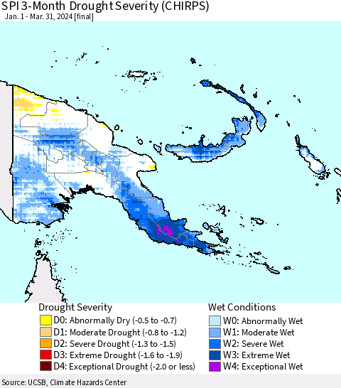 Papua New Guinea SPI 3-Month Drought Severity (CHIRPS) Thematic Map For 1/1/2024 - 3/31/2024