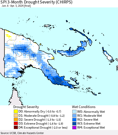 Papua New Guinea SPI 3-Month Drought Severity (CHIRPS) Thematic Map For 1/6/2024 - 4/5/2024