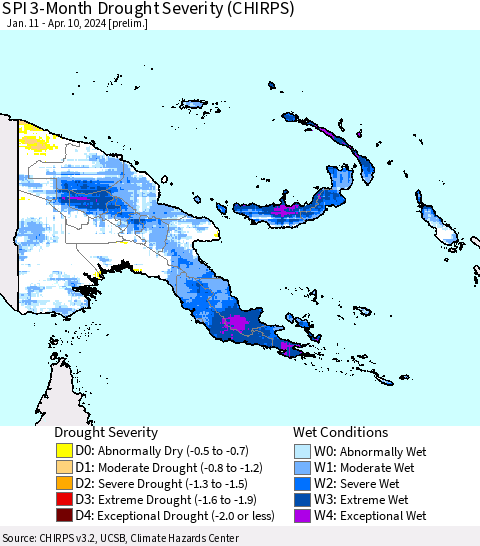 Papua New Guinea SPI 3-Month Drought Severity (CHIRPS) Thematic Map For 1/11/2024 - 4/10/2024