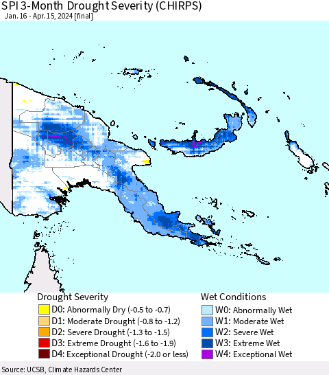 Papua New Guinea SPI 3-Month Drought Severity (CHIRPS) Thematic Map For 1/16/2024 - 4/15/2024