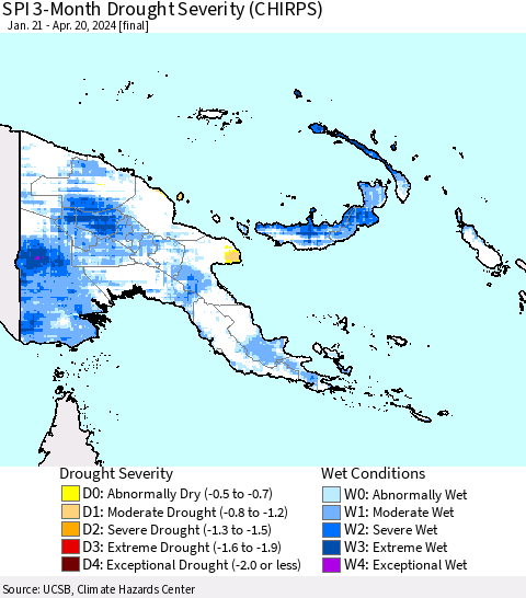 Papua New Guinea SPI 3-Month Drought Severity (CHIRPS) Thematic Map For 1/21/2024 - 4/20/2024