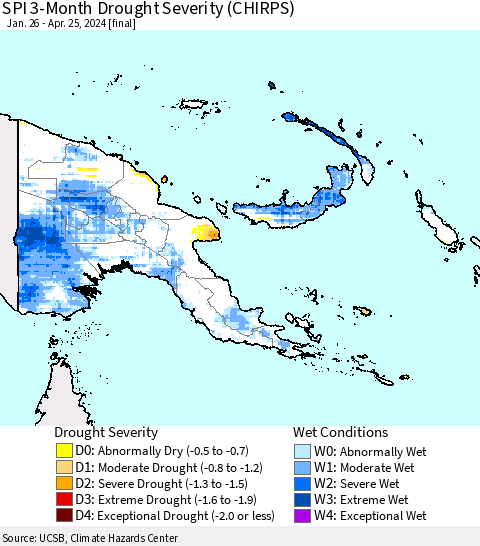 Papua New Guinea SPI 3-Month Drought Severity (CHIRPS) Thematic Map For 1/26/2024 - 4/25/2024