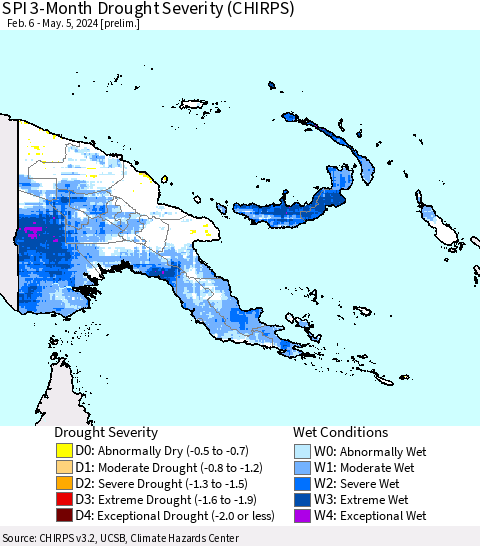 Papua New Guinea SPI 3-Month Drought Severity (CHIRPS) Thematic Map For 2/6/2024 - 5/5/2024