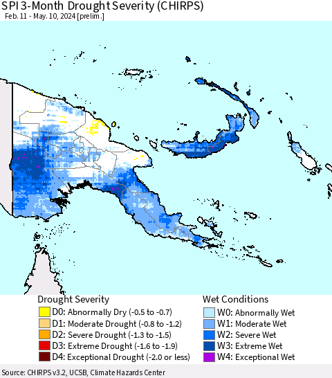 Papua New Guinea SPI 3-Month Drought Severity (CHIRPS) Thematic Map For 2/11/2024 - 5/10/2024