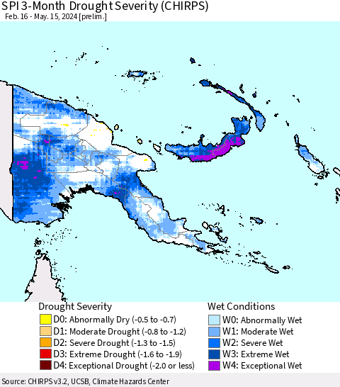 Papua New Guinea SPI 3-Month Drought Severity (CHIRPS) Thematic Map For 2/16/2024 - 5/15/2024