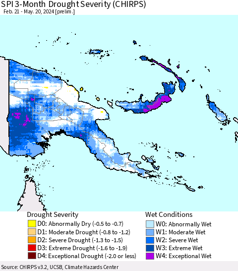 Papua New Guinea SPI 3-Month Drought Severity (CHIRPS) Thematic Map For 2/21/2024 - 5/20/2024