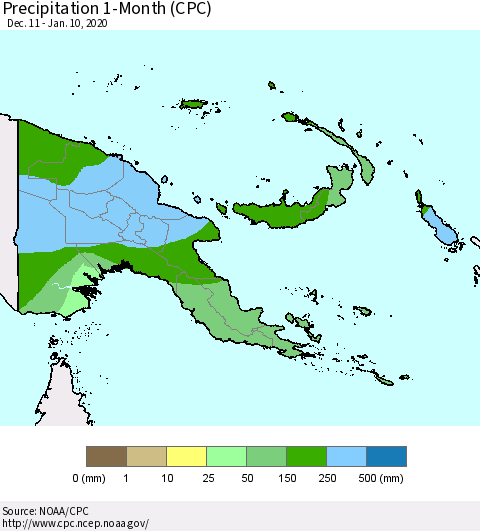 Papua New Guinea Precipitation 1-Month (CPC) Thematic Map For 12/11/2019 - 1/10/2020