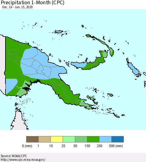 Papua New Guinea Precipitation 1-Month (CPC) Thematic Map For 12/16/2019 - 1/15/2020