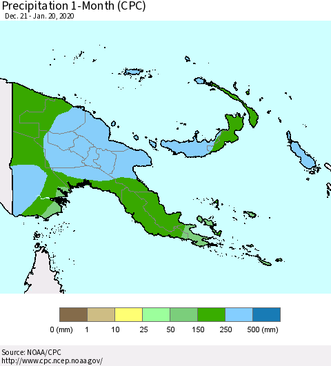Papua New Guinea Precipitation 1-Month (CPC) Thematic Map For 12/21/2019 - 1/20/2020