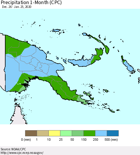 Papua New Guinea Precipitation 1-Month (CPC) Thematic Map For 12/26/2019 - 1/25/2020