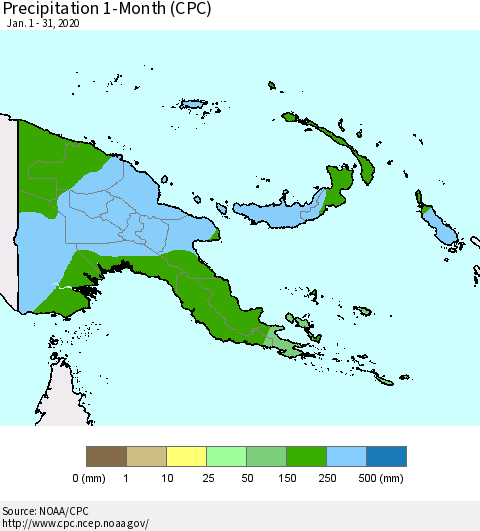 Papua New Guinea Precipitation 1-Month (CPC) Thematic Map For 1/1/2020 - 1/31/2020