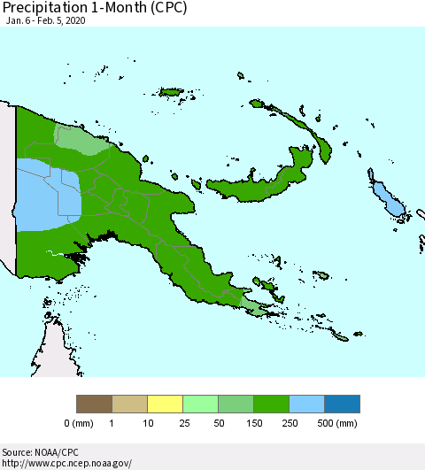 Papua New Guinea Precipitation 1-Month (CPC) Thematic Map For 1/6/2020 - 2/5/2020