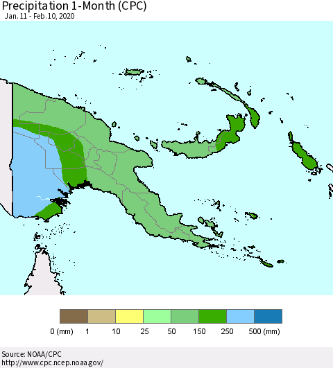 Papua New Guinea Precipitation 1-Month (CPC) Thematic Map For 1/11/2020 - 2/10/2020