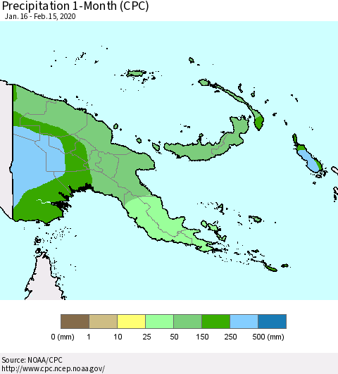 Papua New Guinea Precipitation 1-Month (CPC) Thematic Map For 1/16/2020 - 2/15/2020