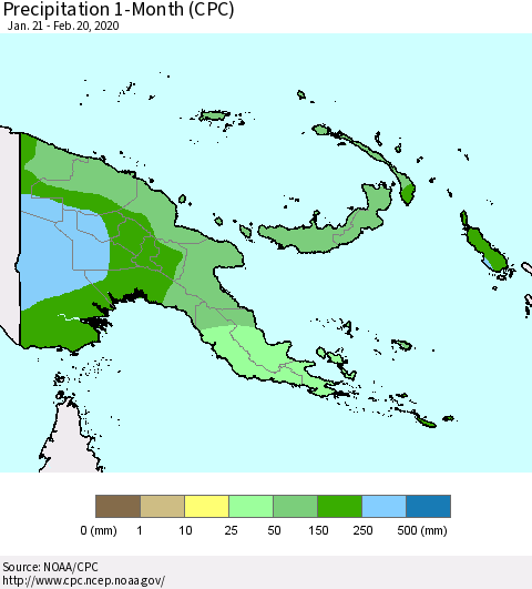 Papua New Guinea Precipitation 1-Month (CPC) Thematic Map For 1/21/2020 - 2/20/2020