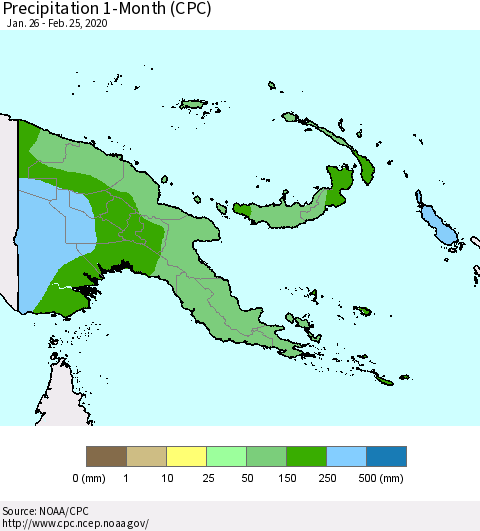 Papua New Guinea Precipitation 1-Month (CPC) Thematic Map For 1/26/2020 - 2/25/2020
