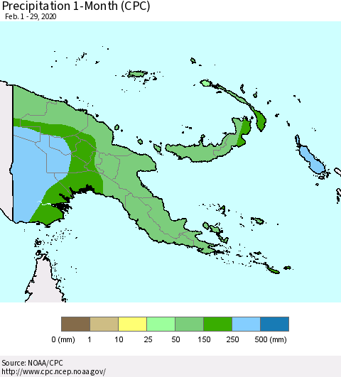 Papua New Guinea Precipitation 1-Month (CPC) Thematic Map For 2/1/2020 - 2/29/2020