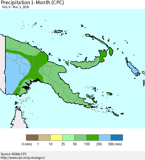 Papua New Guinea Precipitation 1-Month (CPC) Thematic Map For 2/6/2020 - 3/5/2020