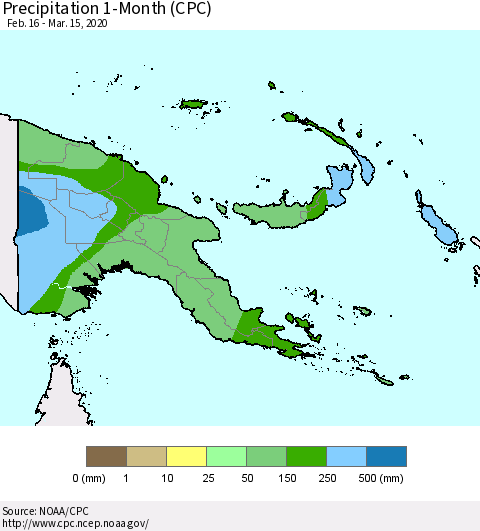 Papua New Guinea Precipitation 1-Month (CPC) Thematic Map For 2/16/2020 - 3/15/2020