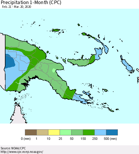 Papua New Guinea Precipitation 1-Month (CPC) Thematic Map For 2/21/2020 - 3/20/2020