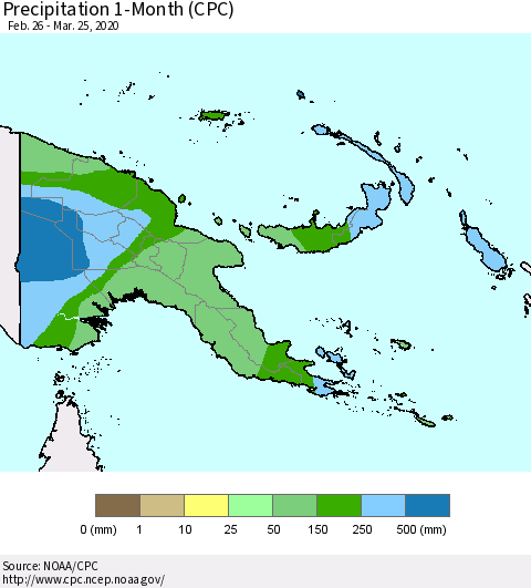Papua New Guinea Precipitation 1-Month (CPC) Thematic Map For 2/26/2020 - 3/25/2020