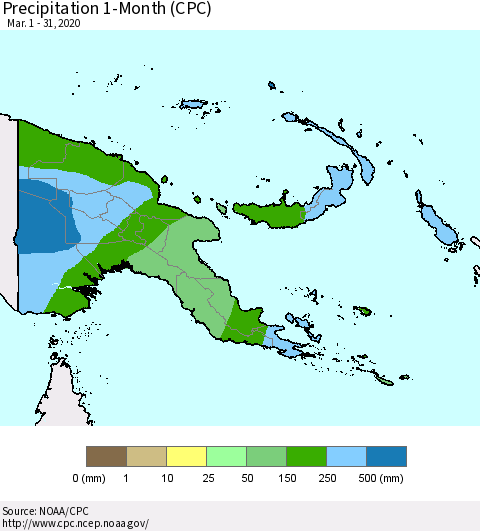 Papua New Guinea Precipitation 1-Month (CPC) Thematic Map For 3/1/2020 - 3/31/2020