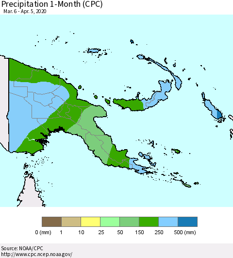 Papua New Guinea Precipitation 1-Month (CPC) Thematic Map For 3/6/2020 - 4/5/2020