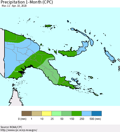 Papua New Guinea Precipitation 1-Month (CPC) Thematic Map For 3/11/2020 - 4/10/2020