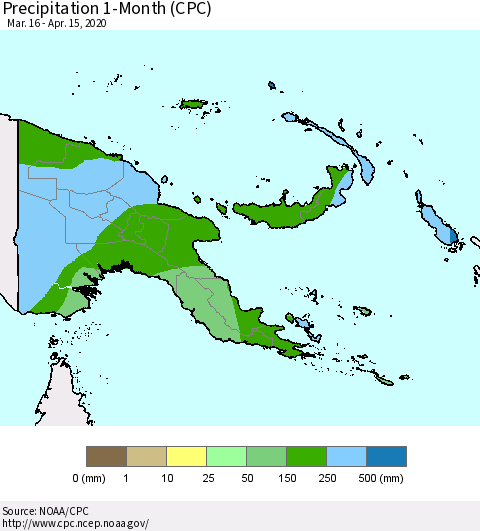 Papua New Guinea Precipitation 1-Month (CPC) Thematic Map For 3/16/2020 - 4/15/2020