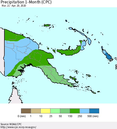 Papua New Guinea Precipitation 1-Month (CPC) Thematic Map For 3/21/2020 - 4/20/2020