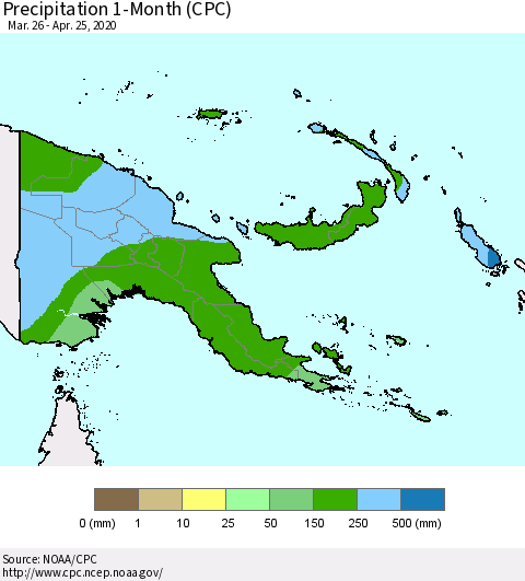 Papua New Guinea Precipitation 1-Month (CPC) Thematic Map For 3/26/2020 - 4/25/2020