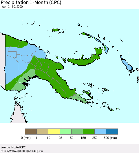 Papua New Guinea Precipitation 1-Month (CPC) Thematic Map For 4/1/2020 - 4/30/2020
