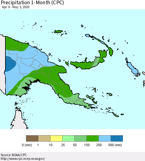 Papua New Guinea Precipitation 1-Month (CPC) Thematic Map For 4/6/2020 - 5/5/2020