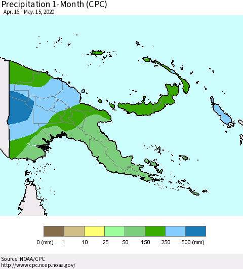 Papua New Guinea Precipitation 1-Month (CPC) Thematic Map For 4/16/2020 - 5/15/2020