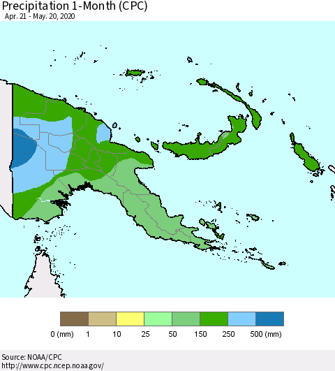 Papua New Guinea Precipitation 1-Month (CPC) Thematic Map For 4/21/2020 - 5/20/2020