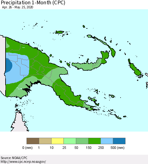 Papua New Guinea Precipitation 1-Month (CPC) Thematic Map For 4/26/2020 - 5/25/2020
