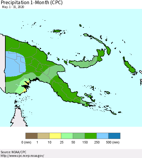 Papua New Guinea Precipitation 1-Month (CPC) Thematic Map For 5/1/2020 - 5/31/2020