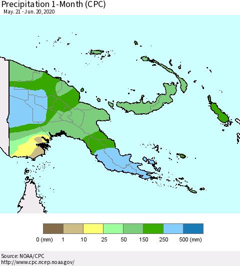 Papua New Guinea Precipitation 1-Month (CPC) Thematic Map For 5/21/2020 - 6/20/2020