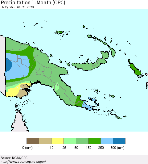 Papua New Guinea Precipitation 1-Month (CPC) Thematic Map For 5/26/2020 - 6/25/2020