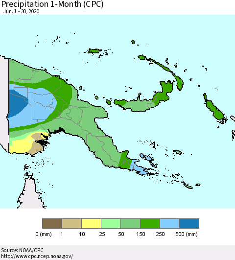 Papua New Guinea Precipitation 1-Month (CPC) Thematic Map For 6/1/2020 - 6/30/2020