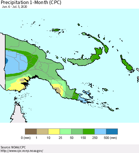 Papua New Guinea Precipitation 1-Month (CPC) Thematic Map For 6/6/2020 - 7/5/2020
